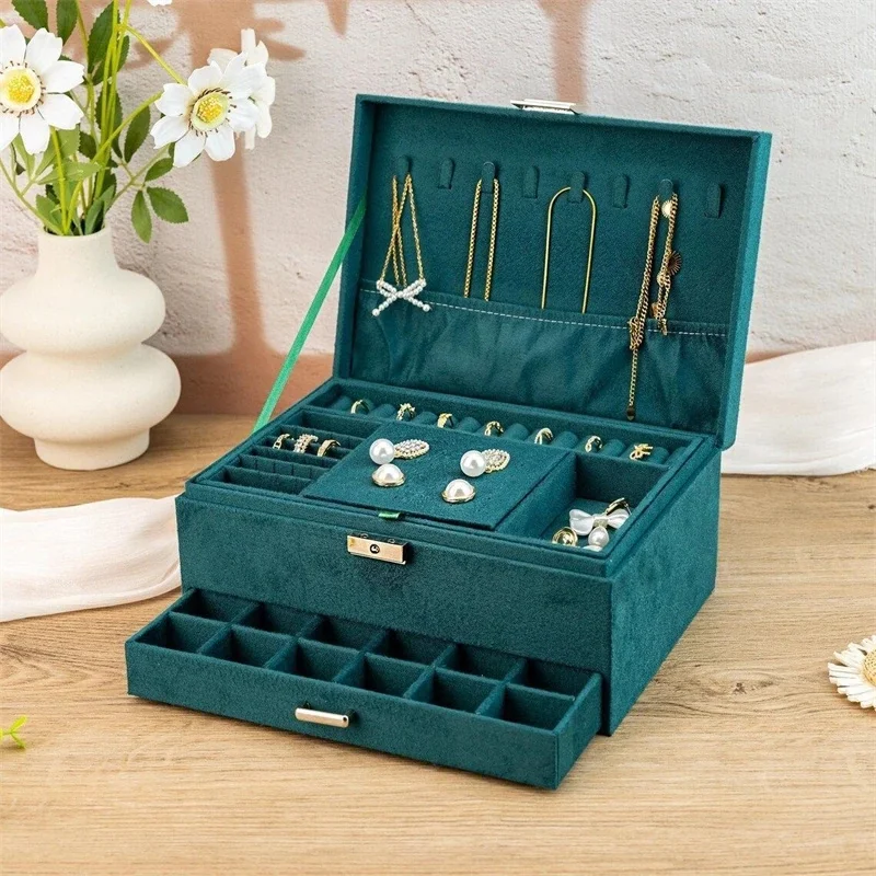 Velvet 3 Tier Lockable Jewelry Box Large Organizer For Women Teens Dressing Table Home Elegant Birthday Anniversary Gift