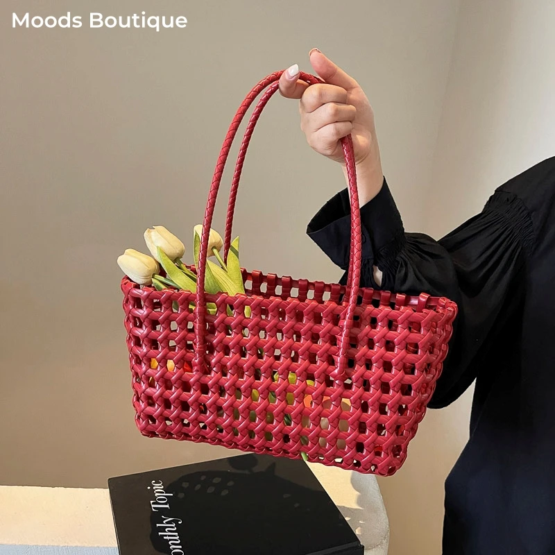 MOODS Underarm Basket Shoulder Bags For Women 2025 Summer Latest Beach Tote Bag Woven Design Plastic Hollow-out Luxury Handbags