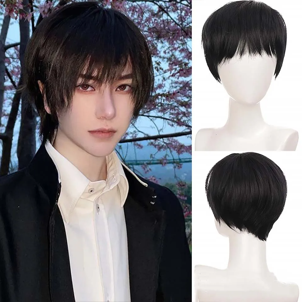 Cabelo sintético curto com arranca para homens, peruca masculina, cosplay diário, fantasias de anime, perucas de dia das bruxas, preto, branco,