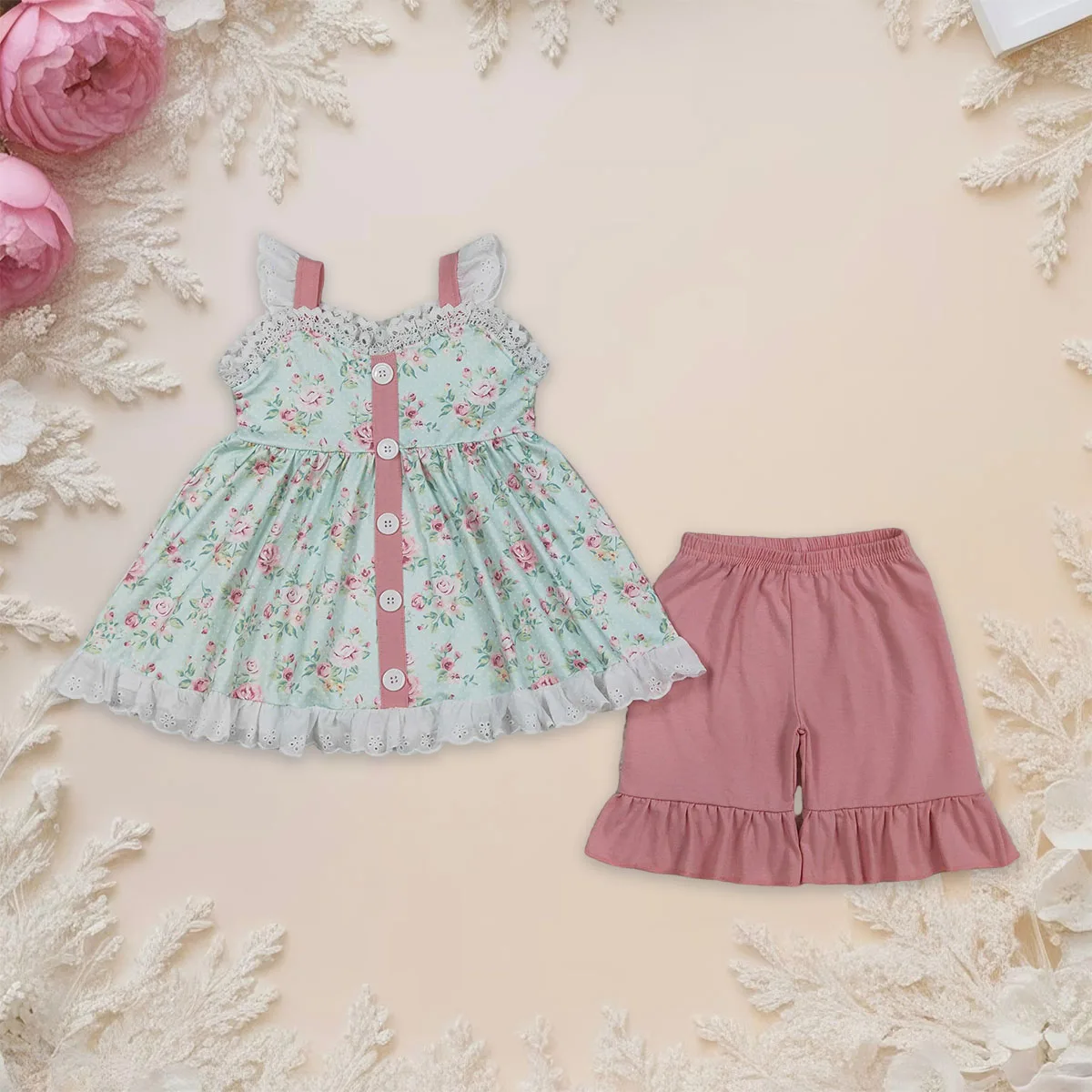 

Baby Girl Colorful Flowers Button Tunic Tops Cute Children Clothing Ruffle Shorts Clothes Sets Infant Toddler Outfits Wholesale