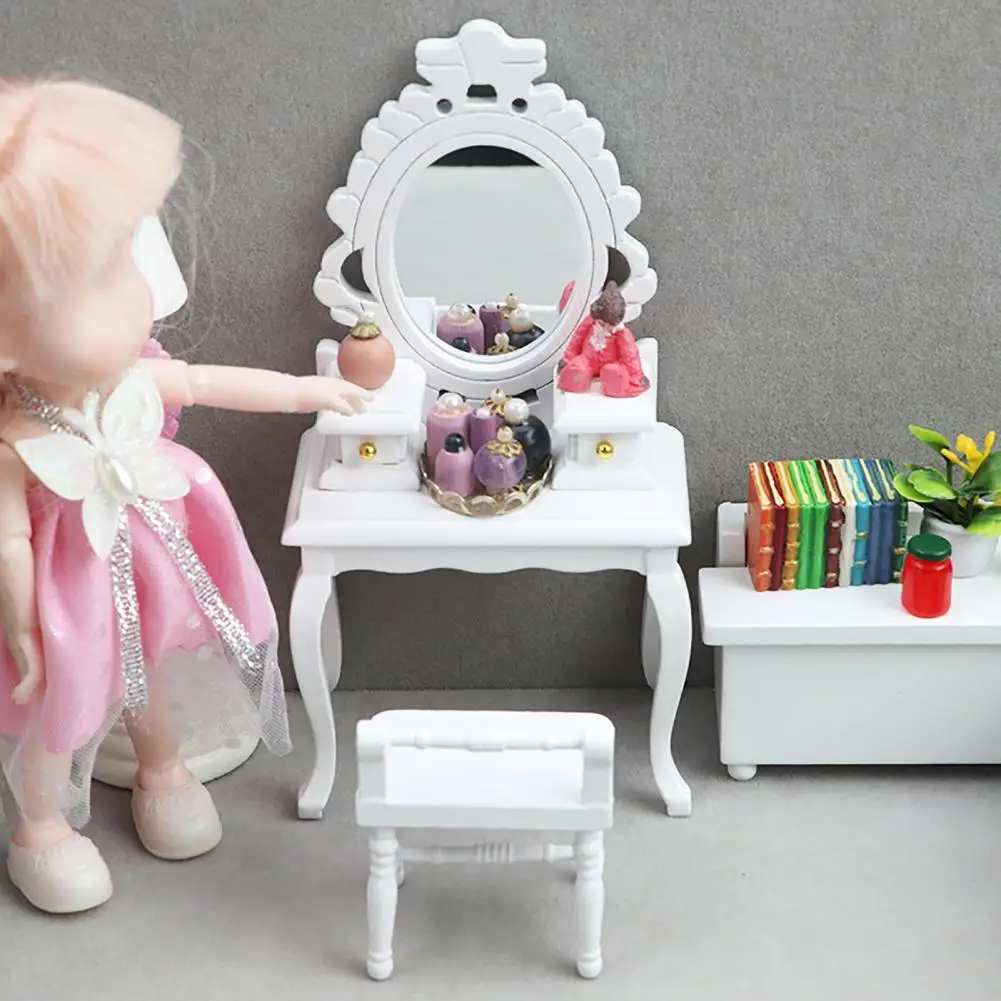 1:12 Dollhouse Dresser Realistic Simulated Miniature Dressing Table Stool Kit Doll Accessories for Gift 1 Set