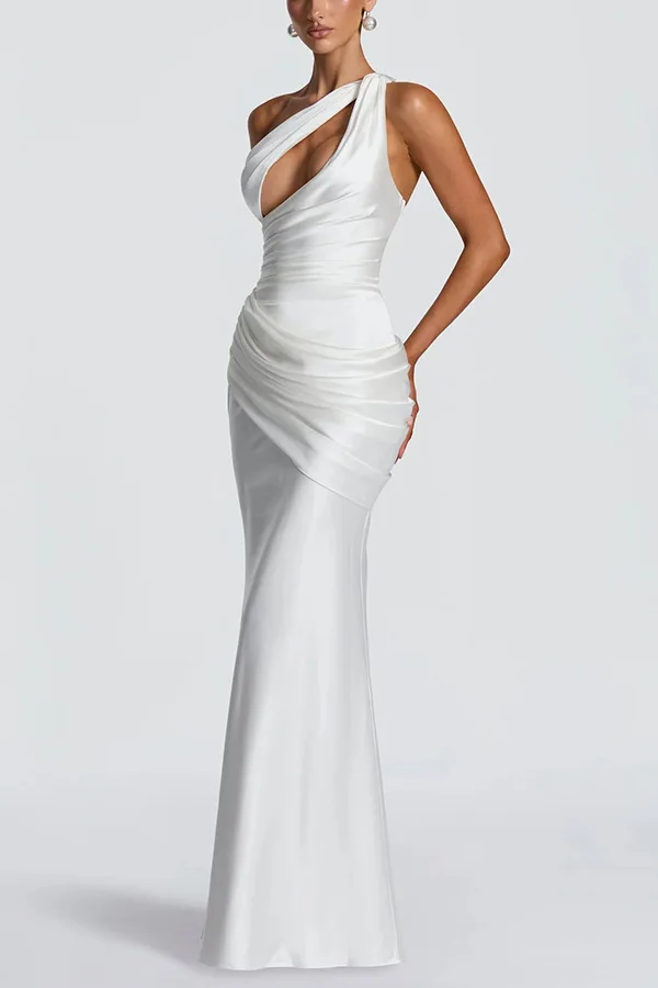 Satin off-shoulder fashion  pleated waist tie wrap fish tail dress