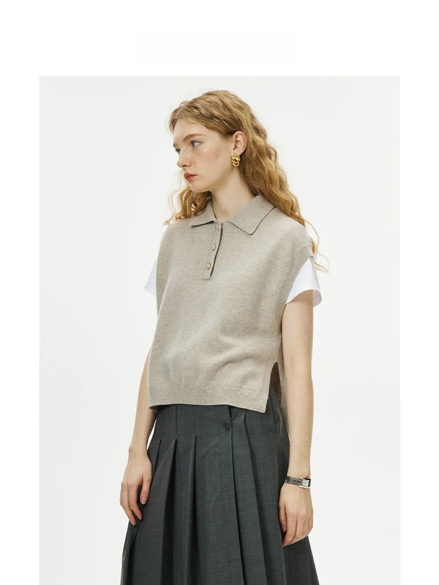 

Faionable High-Culture Camere Knitted Vest Havehas Quali Woolen Sweater Collar Button Detail Spring Collection
