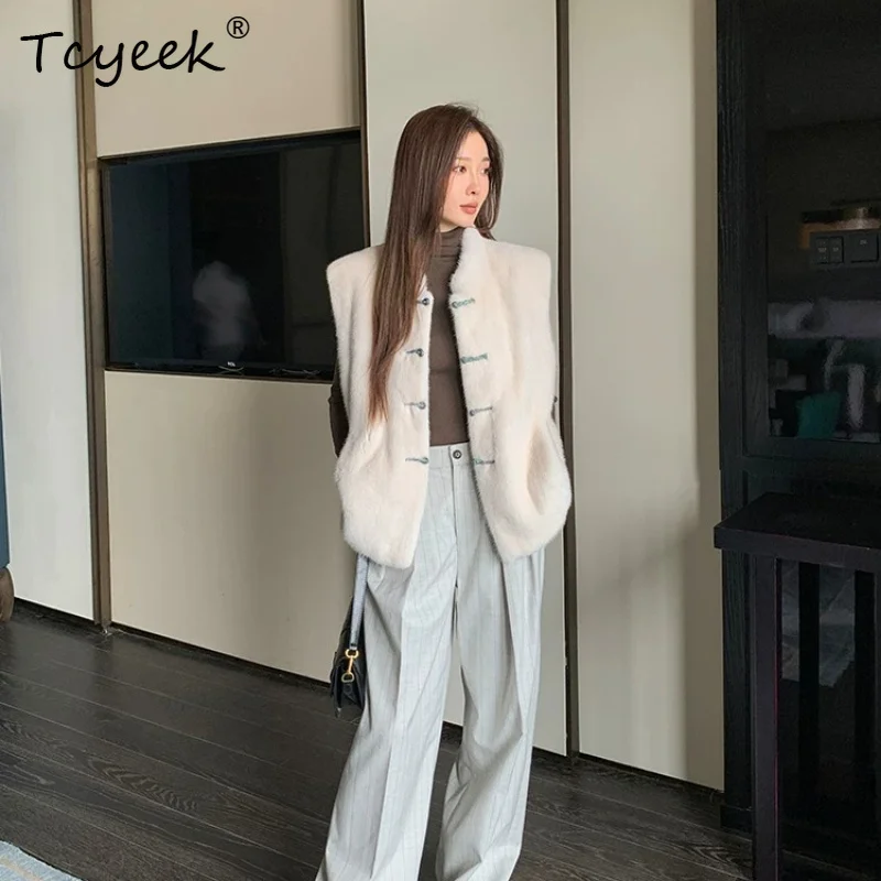 

Tcyeek Natural Mink Fur Vest for Women Stand Vintage Clothes Whole Mink Autumn Winter Sleeveless Jacket Woman Casaco Feminino