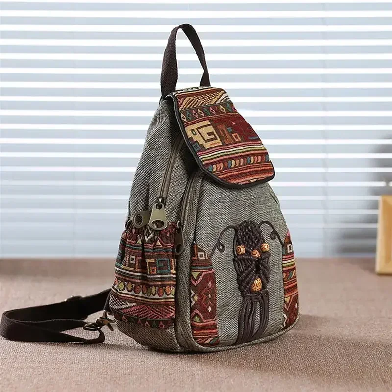 Handmade Backpack Women's Vintage Canvas Backpacks National Style Geometrical Printed Bag Female Simple Travel Backpack