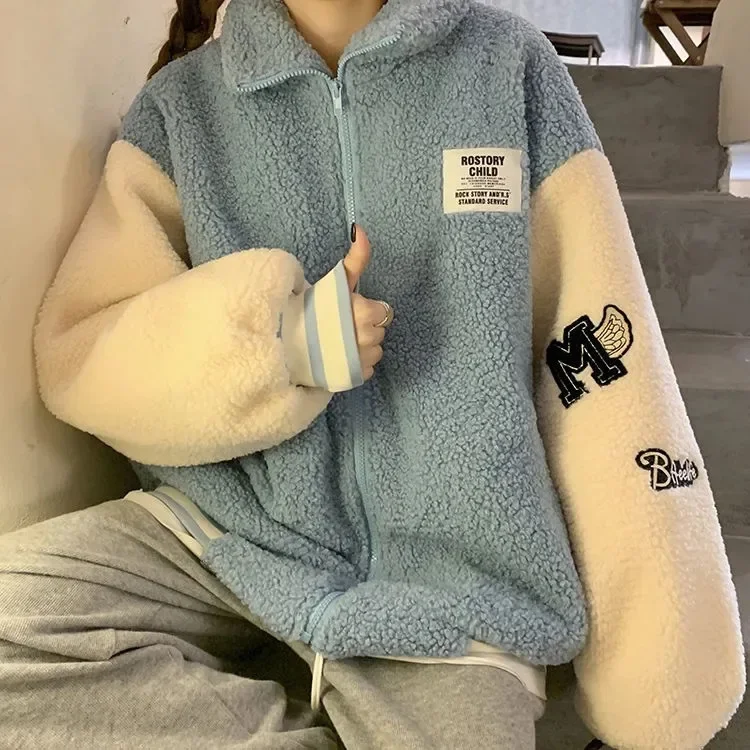 المرأة خمر نمط الأمريكية الصوف مبطن سميكة البلوز سترة التطريز جديد فضفاض صالح التخسيس صوف الضأن سترة #4