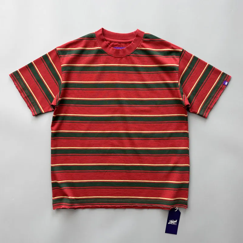 American Vintage Stiff Loose-fit Frayed-edge Heavyweight 320gsm 100% Cotton Washed Striped T-shirt for Men Summer Oversize Tees