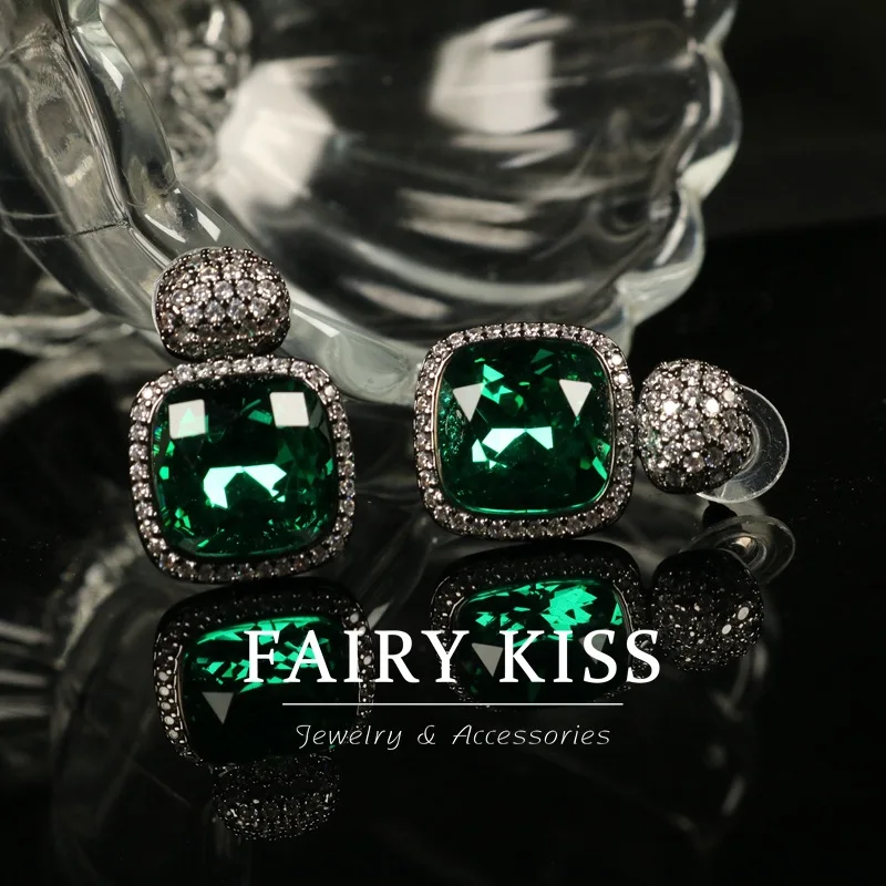 Medieval simple stud earrings diamond emerald geometric studs earrings 925 silver needles