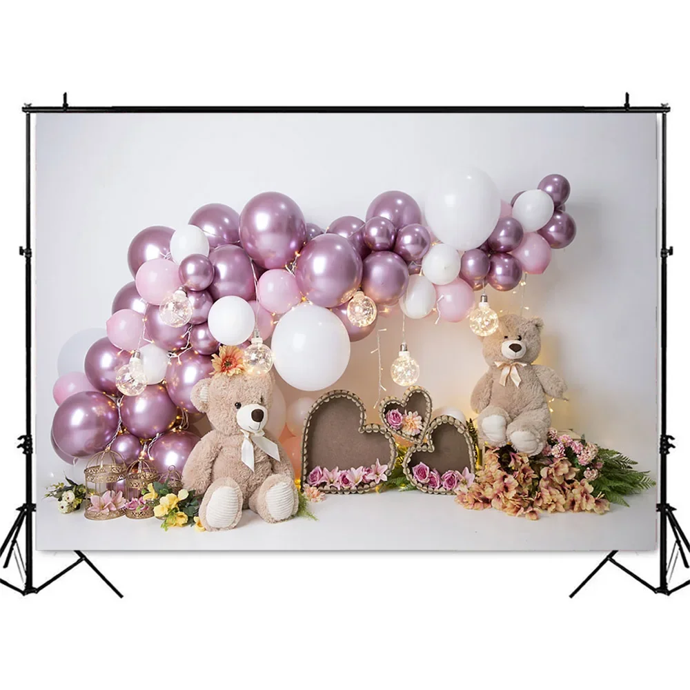 Purple Balloons Hearts Background for Photographic Pink Bow With Bears Decoration Love Hearts Photo Backdrop Photocall Banner