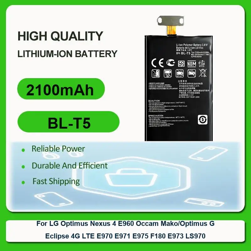 Batería para LG Optimus Nexus 4 E960 Occam Mako / Optimus G Eclipse 4G LTE E970 E971 E975 F180 E973 LS970 BL T5 BL-T5 2100mAh