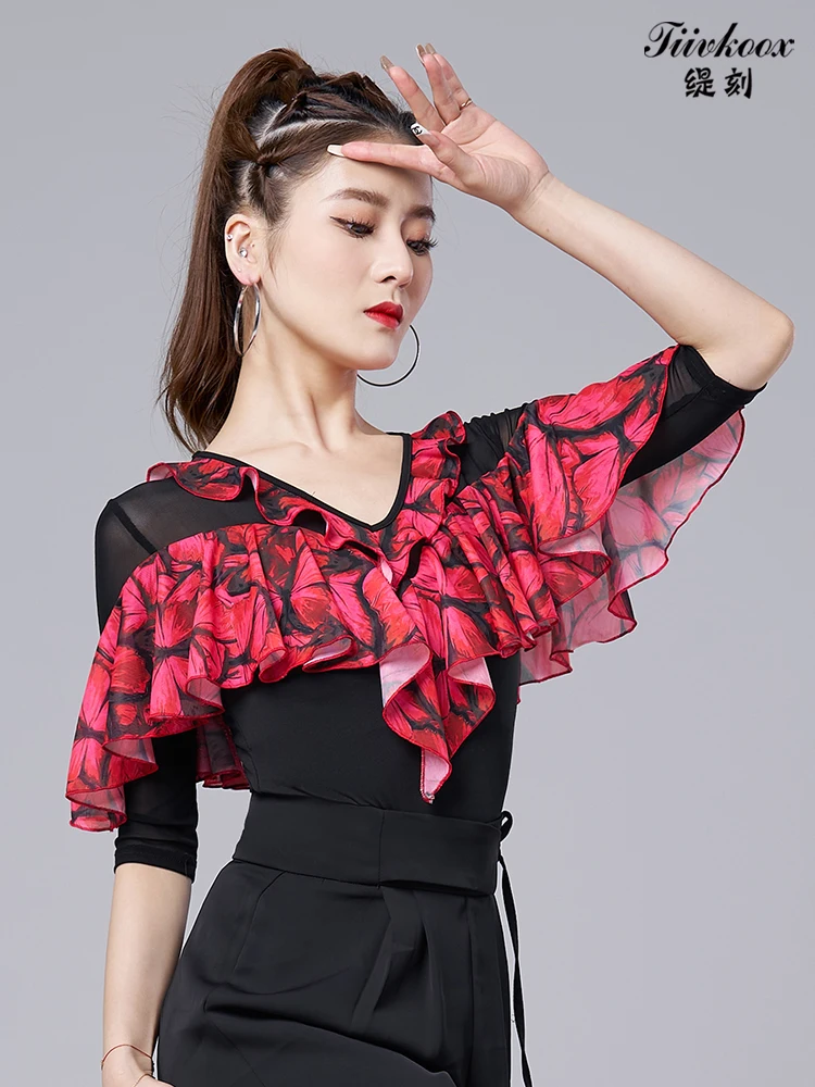 X2150 Lady Modern Dance Jumpsuit  Latin Dance Blouse Long Sleeve Ballroom Dancing Tops Waltz V-neck Lotus Leaf Jumpsuit Suit