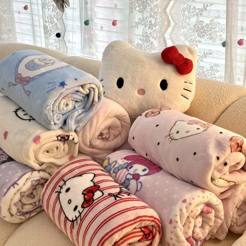 Sanrio Hellokitty Shawl Blanket Summer Air-conditioning Room Sofa Blanket Cartoon Kuromi Milk Fleece Office Nap Cover Blanket