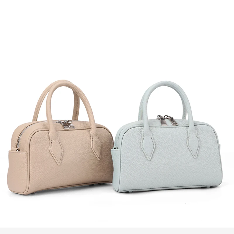 Fashion Women's Genuine Cowhide Leather Mini Boston Handbag Luxury Designer Pebbled Leather Top Handle Crossbody Shoulder Bag