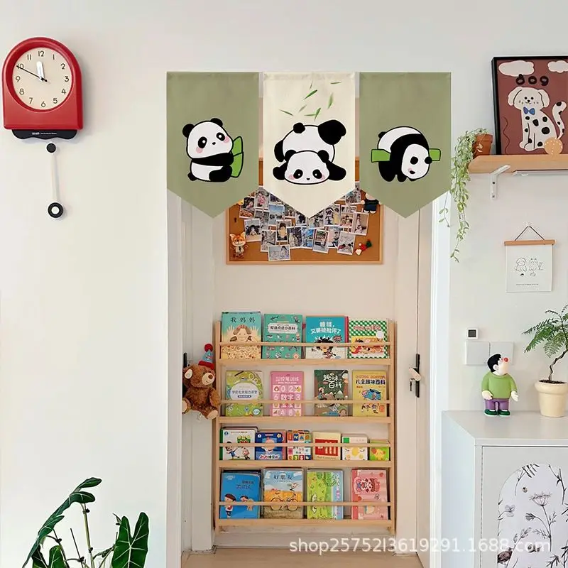 VIKAMA Cute Panda Triangular Curtain Bamboo Green Cream Kids Room Nursery Kitchen Window Valance Banner Animal Decor Artistic