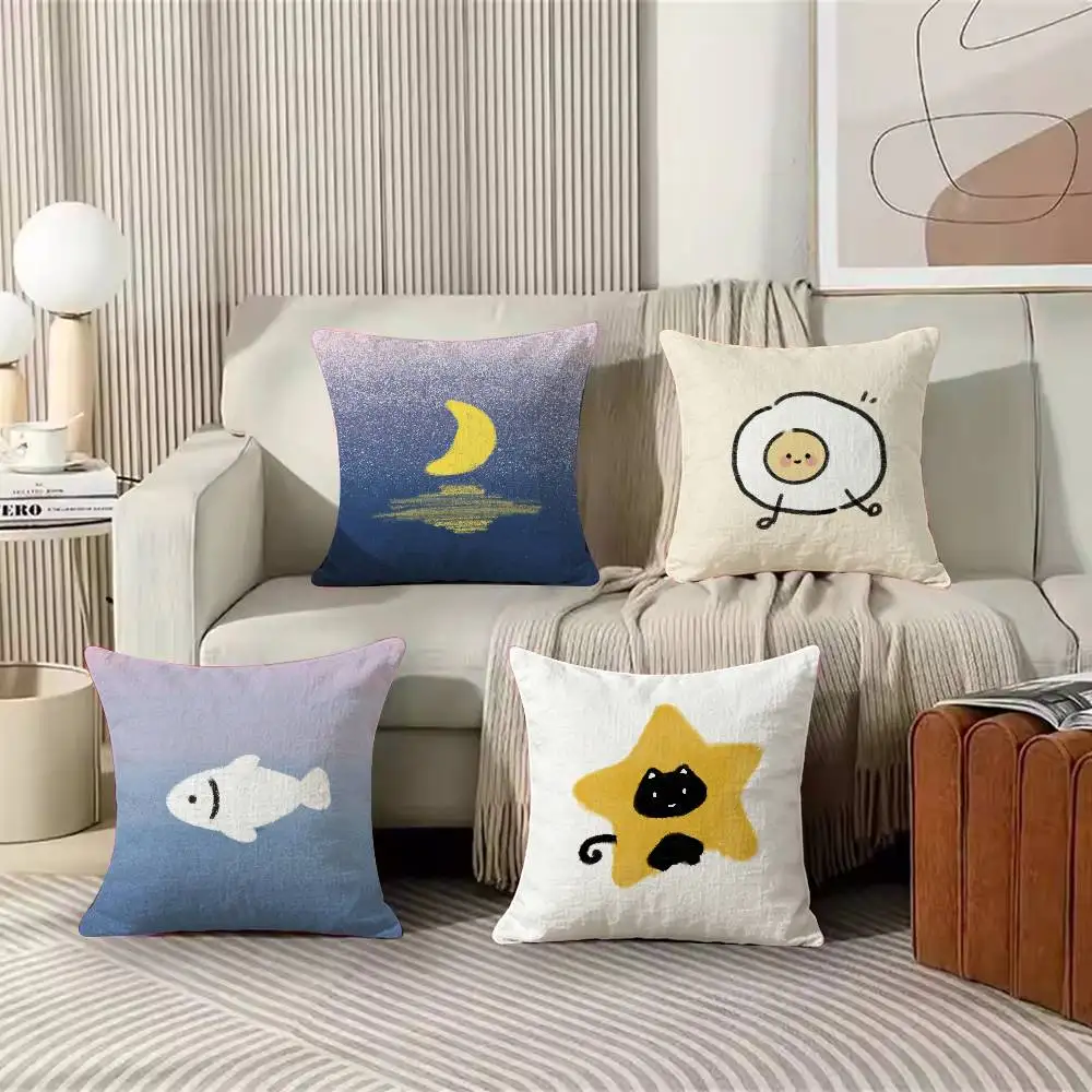 Cute Hand Drawn Cartoon Pillow Cover Kawaii Simple Sketch Moon Star Little Fish Pattern Cushion Case for Sofa Home Decor