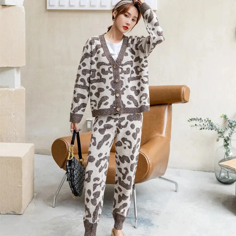 Autumn Winter Leopard Pant Sets For Women Vintage Casual Knitting Outfits V Neck Cardigans + Harem Pants Lady Chic Knitted Suits