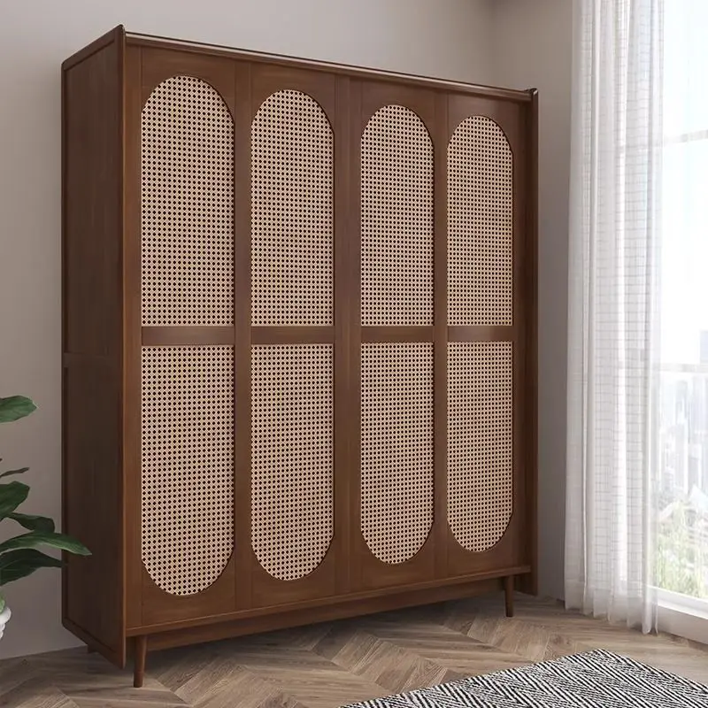 Retro solid wood wardrobe household bedroom small apartment rattan hanging clothes storage cabinet