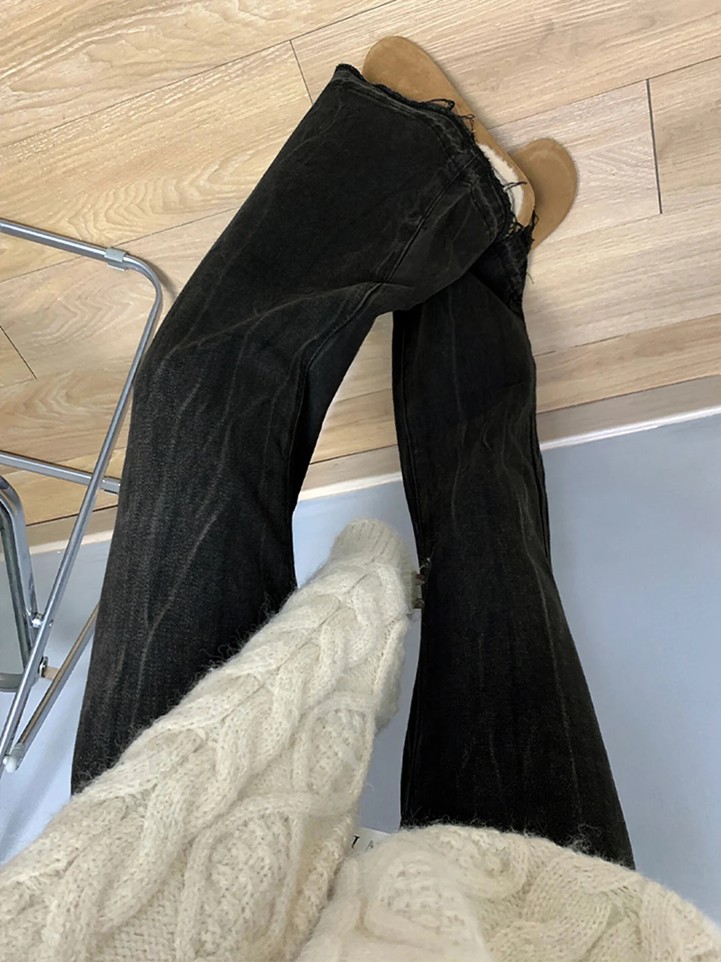 High Waist Flared Wide Leg Jeans Women's Bla ey Retro High Street Sle Autumn Winter Slimming Straight Cut Floor-Length