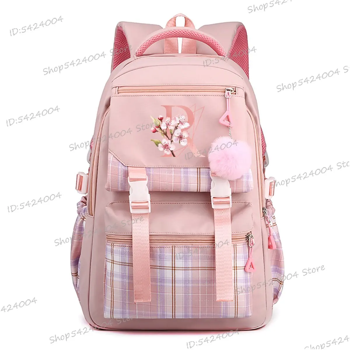 26 Initials Sakura Flower Print Backpack Shouder Funny Cute Gift for Girls Pink Sakura Creativity Schoolbag Cartoon Students Bag