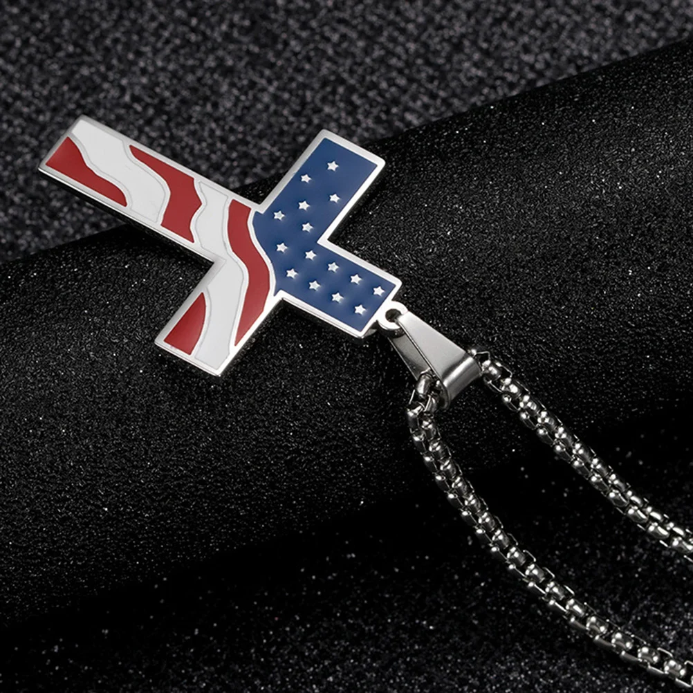 Cross Pendant Creative American National Flag Decor Pendant for Man Male Boy (Steel Color with Chain)