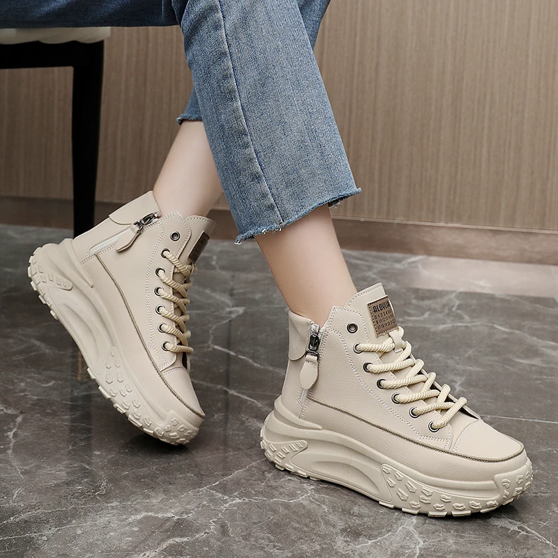 Double Zipper Chunky Sneakers Women 2024 Winter Thick Plush Warm Vulcanize Shoes Woman Fashion PU Leather Platform Sports Shoes