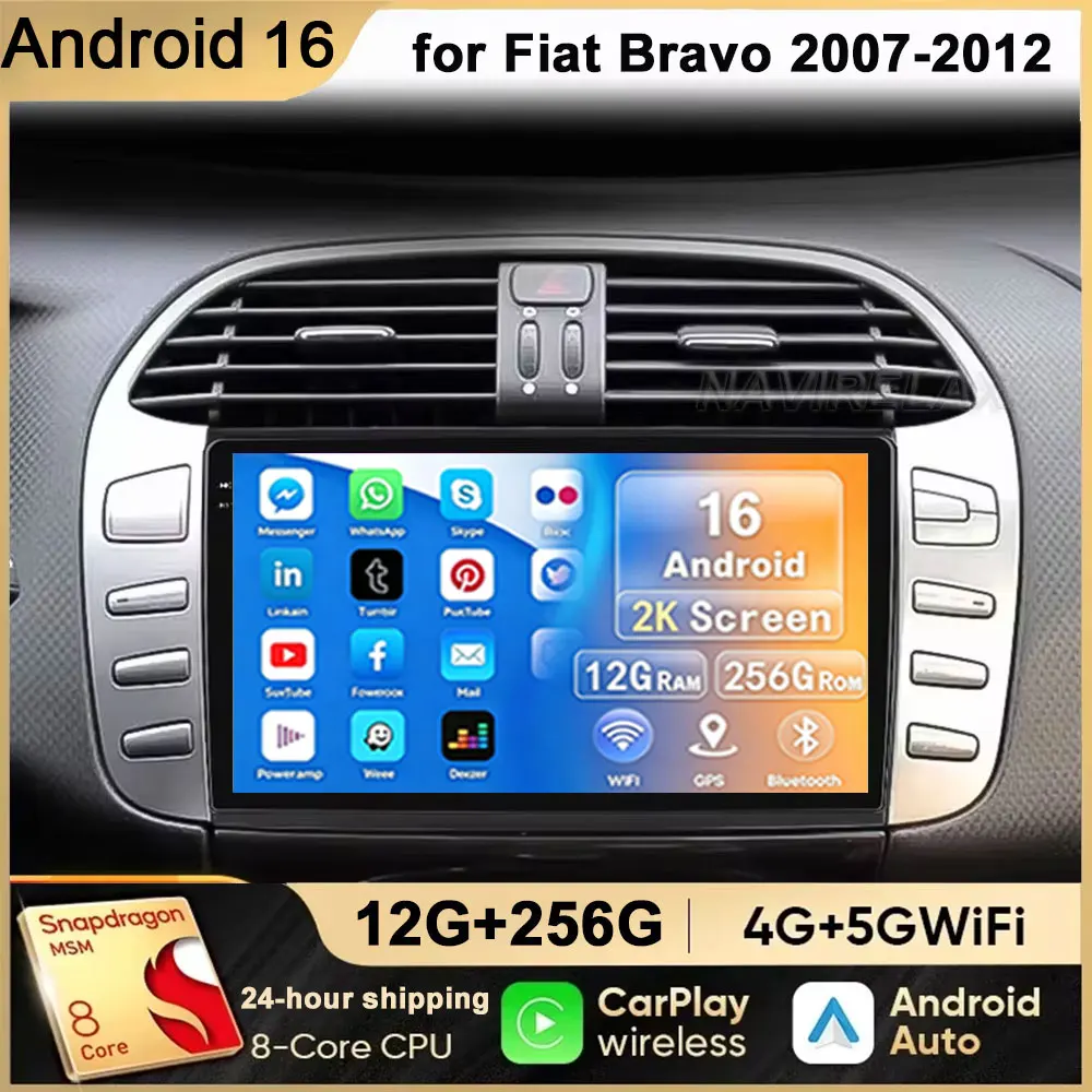 Auto-Radio Android 16 für Fiat Bravo 2007 2008 2009 2010 2011 2012 Navigation Multimedia-Player GPS WiFi+4G DSP BT Carplay Auto