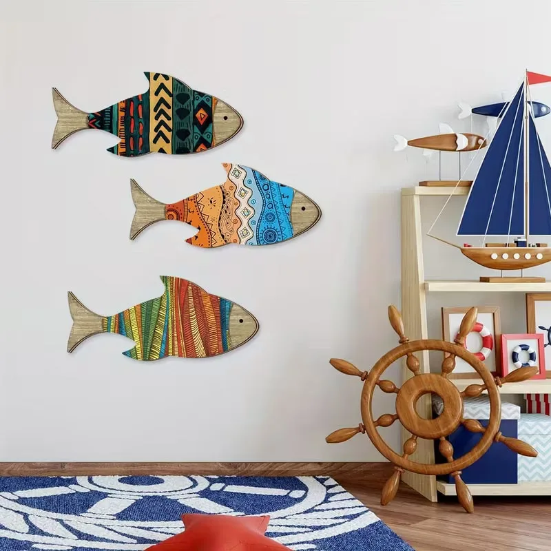 Wooden small fish wall decoration three piece set, equipped with double-sided nano tape for non perforated installation