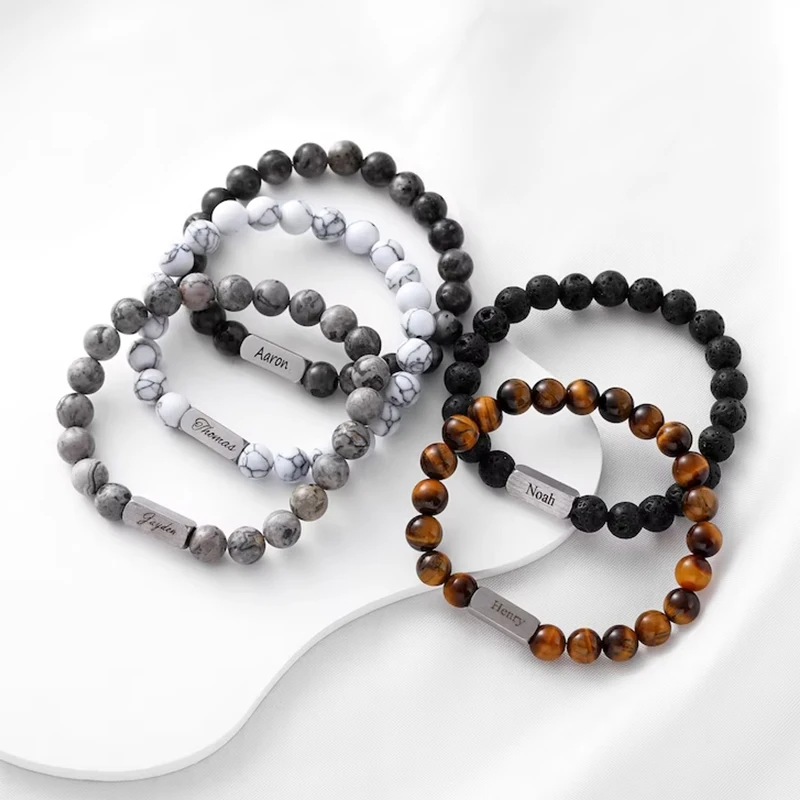 Custom Engraved 1~4 Names Bracelets Personalized Stone Beads Bracelets for Men Tiger Eye Beads Custom Family Name Bracelet