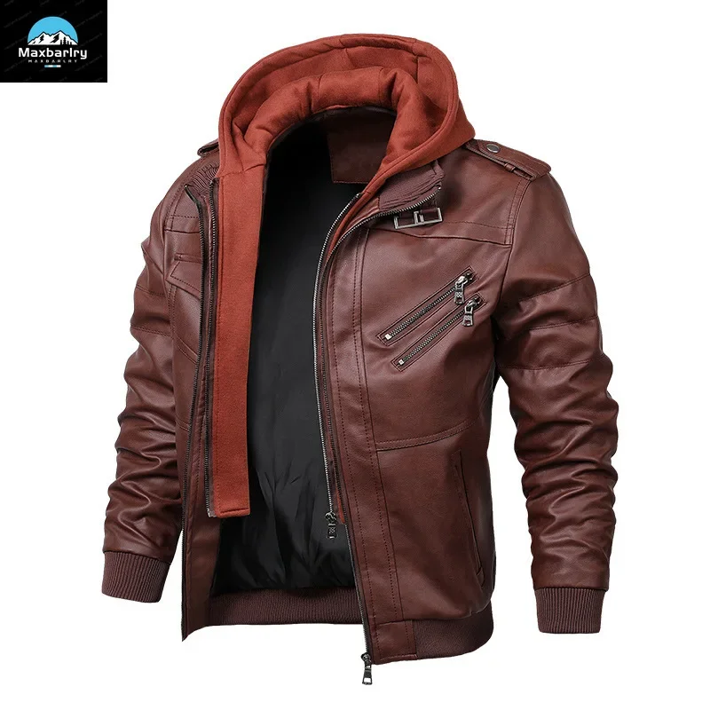 2024 Fashion Male Street Wear Motorcycle Leather Jackets Hat Detachable Men Hooded Leather Jackets Slim Casual Leather Coats