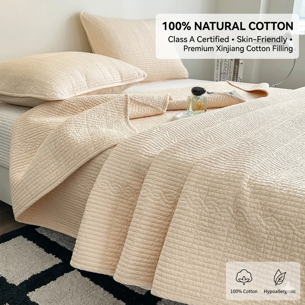 100% Cotton Quilted Bedspread Class A Standard Soft Breathable Xinjiang Cotton Bed Cover Blanket Machine Washable Solid Color