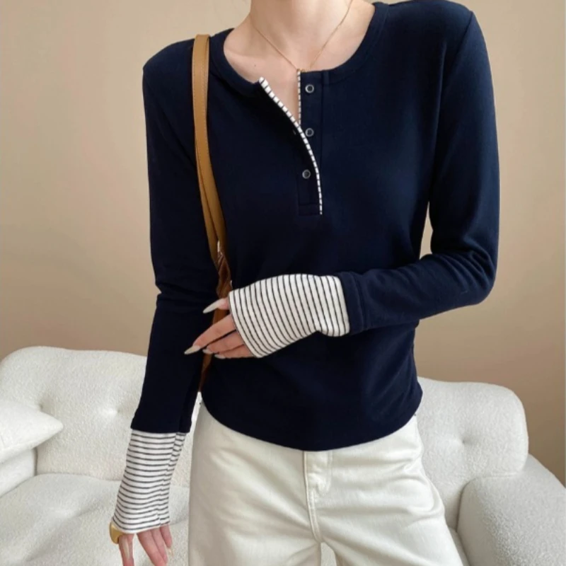 

Women T Shirts Tops Striped Tees Button Round Neck Long Sleeves Slight Strech Slim Fit Casual Office Lady 2025 Spring Autumn