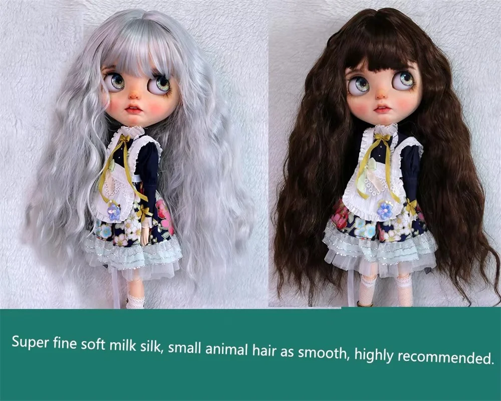 

Blythes doll wig suitable for 1/6 BJD doll 1/3fashion new very soft smooth milk silk bangs small wave wig moon silver dark brown