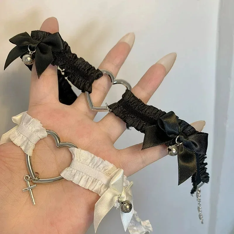 Liguero de encaje gótico con lazo en forma de corazón, ligas cruzadas de pierna de Lolita, Gargantilla elástica blanca y negra, arnés de lencería Bondage para Cosplay