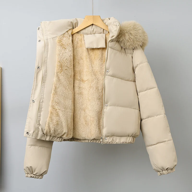 

Winter Short Parkas Women's Cotton-padded Clothes Add Velvet Thicken Outerwear Fur Collar Removable Hooded Coats Warm Jackets