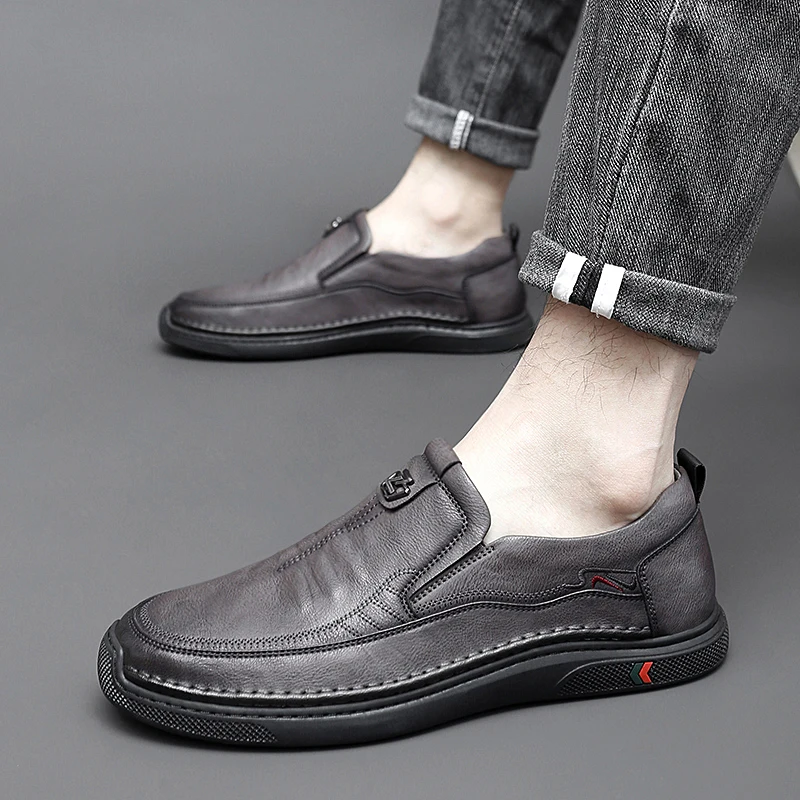 Spring Autumn Genuine Leather Shoes Men Loafers Soft Casual New Breathable Male Footwear Rubber Black /grey Slip-on Casual Shoes