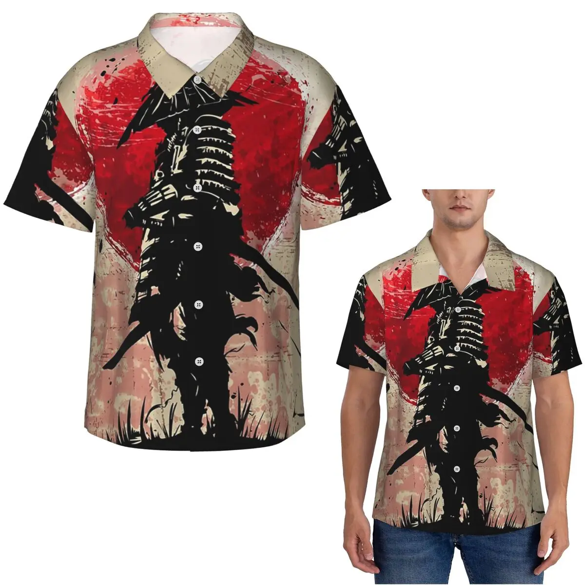 Japanese Art Samurai Fighter Bushido Hawaiian Shirts Funny Men Short Sleeve Shirt for Summer Beach Men's Lapel Tops
