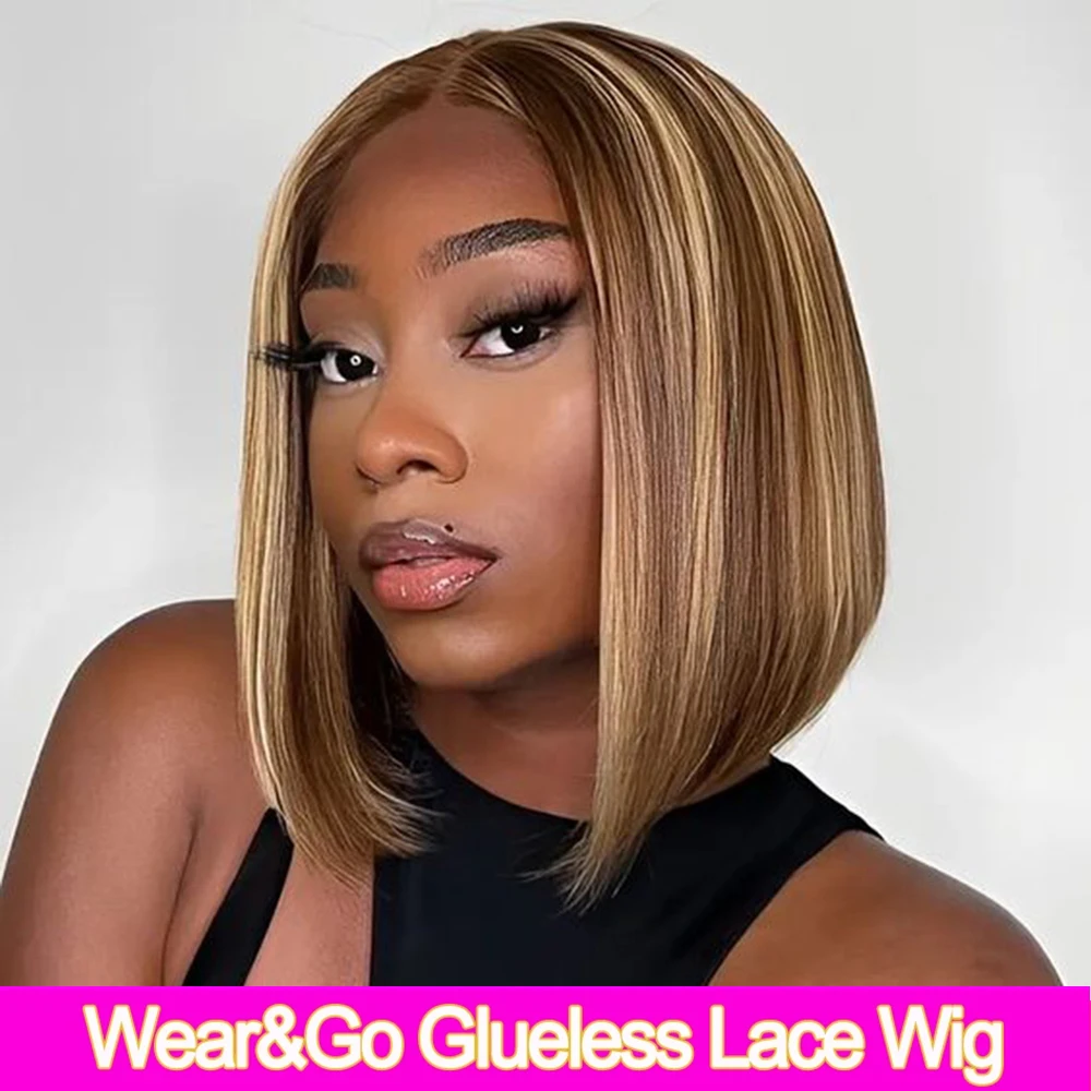 

Wear And Go Glueless Highlight 4/27 Bob Wig 180% Density Short Straight Bob 6x4 Lace Closure Pre Plucked Human Wigs Ready To Go