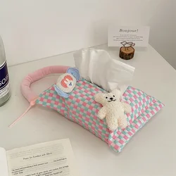 Pink Plaid Fabric Tissue Box Portable Hanging Tissue Case Living Room Container Home Car Towel Napkin Papers Bag Home Decoration
