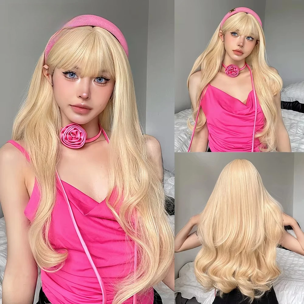 Long Blonde Natural Wavy Synthetic Wig With Bangs Heat Resistant For Women Lolita Cosplay Halloween Party Daily Full Head Hair