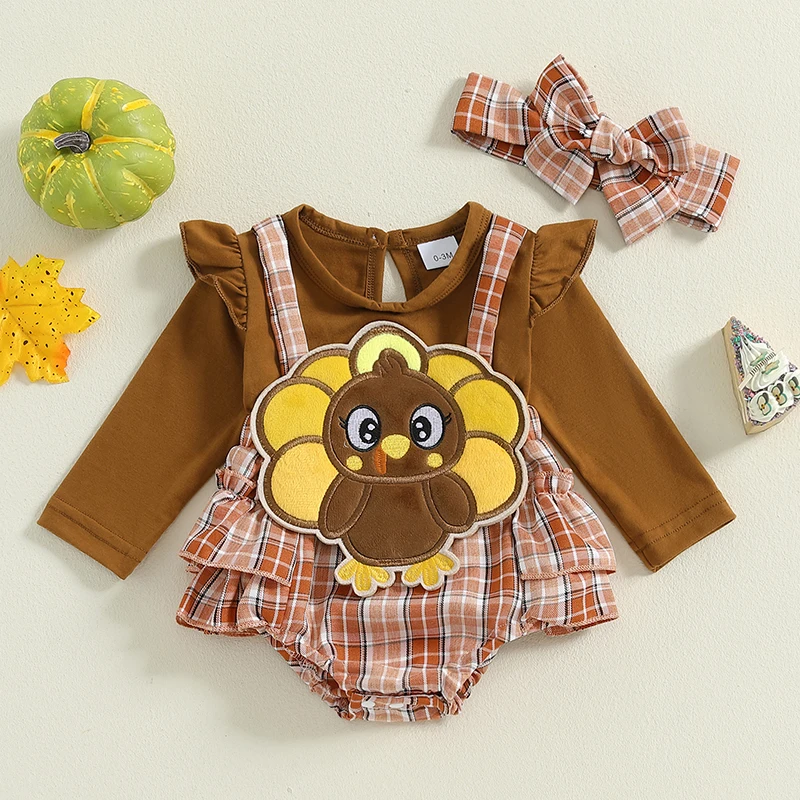 

Baby Girl Thanksgiving Romper Long Sleeve Crew Neck Turkey Embroidery Plaid Jumpsuit with Bow Headband