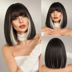NAMM Highlight Straight Bob Wig for Woman Daily Party Cosplay Wig Synthetic Black and White Hair Wigs with Bangs Heat Resistant