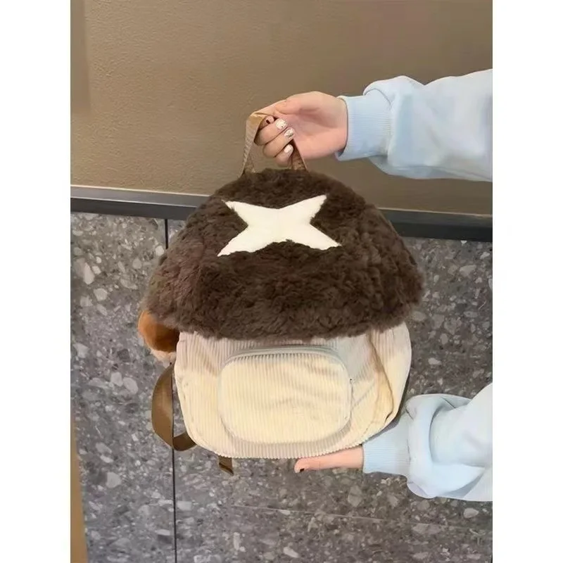 Y2K Aesthetic Plush Corduroy Spliced Backpack Star Patch Furry Small Rucksack Cute Streetwear Women Daily Travel Shoulder Bag