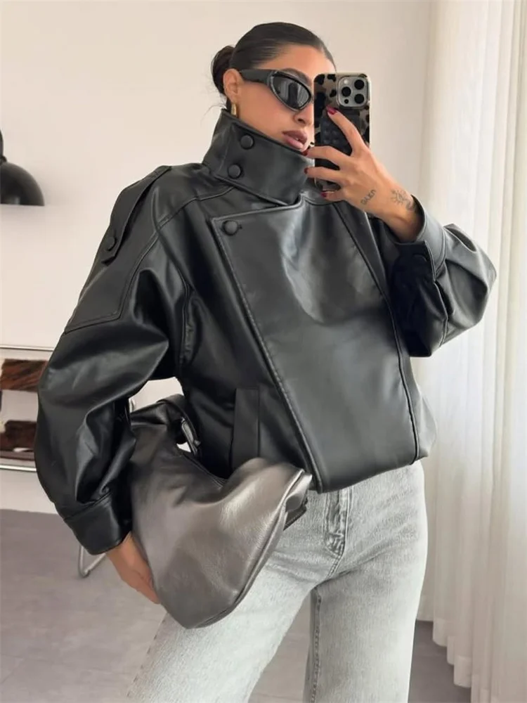 

Tossy Fashion PU Turtleneck Jackets Outwear For Women Pocket Patchwork Long Sleeve Solid Cardigan Coat Female Commute Jackets