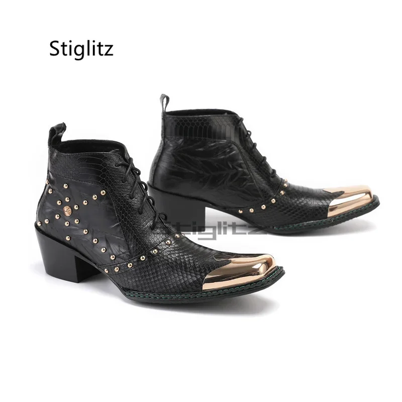 

Black Cowhide Men's High Heels Anke Boots Rivet Lace Up Metal Square Toe Genuine Leather Chelsea Boots Stage Show Party Shoes