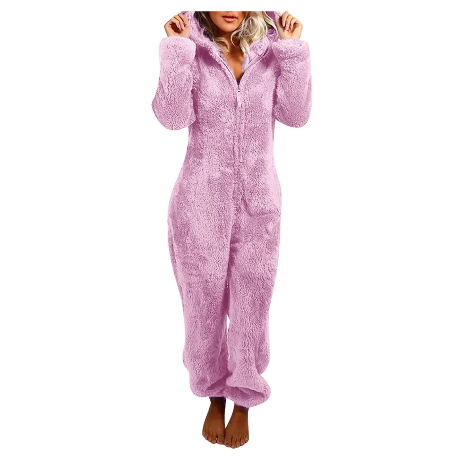 Women'S Plush Romper Pajamas Autumn Winter Onesies Fleece Hooded Jumpsuits Long-Sleeve Zipper Solid Color Sleepwear Homewear