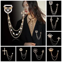 Korean British Style Crown Bird Brooch Cross Suit Tassel Chain Lapel Pin Angle Wings Badge Retro Female Corsage Men Accessories