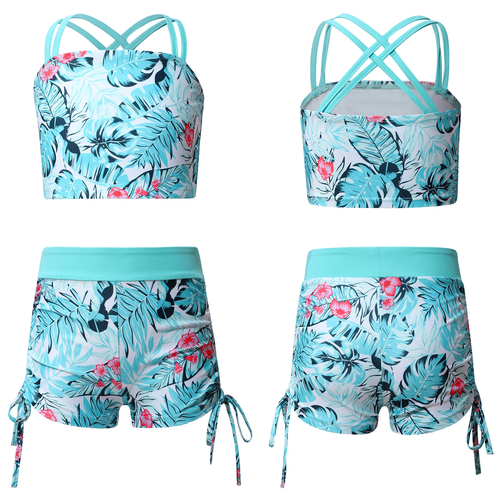 Kids Girls Printed Swimwear Set Summer Sleeveless Swimsuit Side Drawstring Shorts for Pool Beach Swimming Bathing