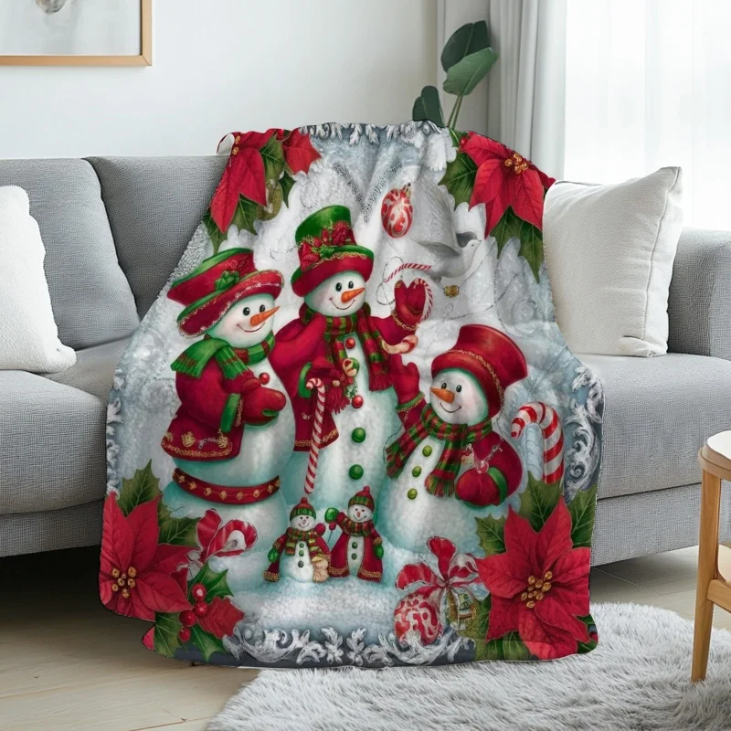 Christmas Throw Blanket - ผ้าห่มลายสโนว์แมนและดอกโปอินเซ็ตเทียสำหรับคริสต์มาส, ผ้าคลุมโซฟาและเตียงที่อบอุ่นและสบาย, ของตกแต่งบ้านในช่วงคริสต์มาส