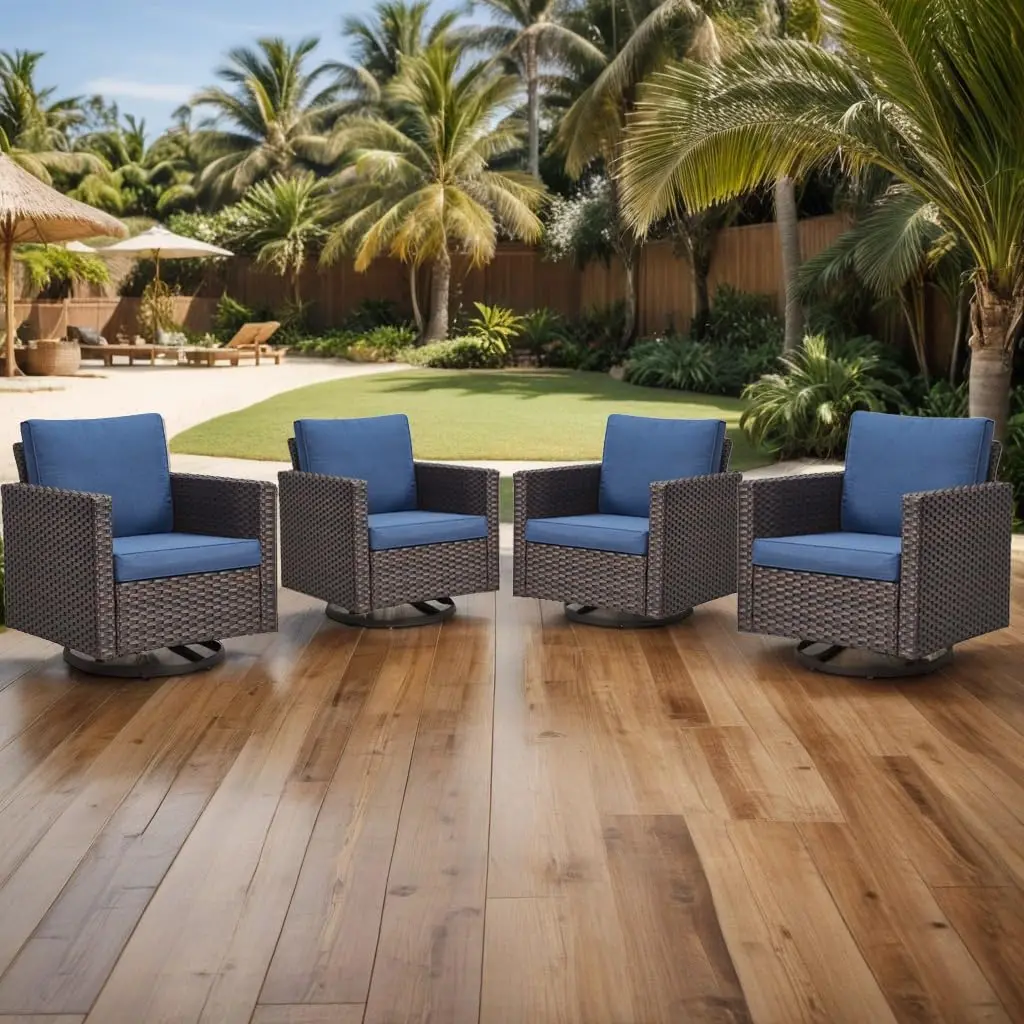 

Комплект из 4 поворотных плетеных кресел для патио, всепогодный ротанг, вращение на 360 градусов ° Мягкая терраса у бассейна, на заказ