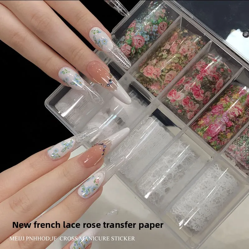 French Lace Rose Nail Transfer Paper Floral Nail Paper Vintage Style DIY Manicure Nail Art Decorations Accessories Wholesale
